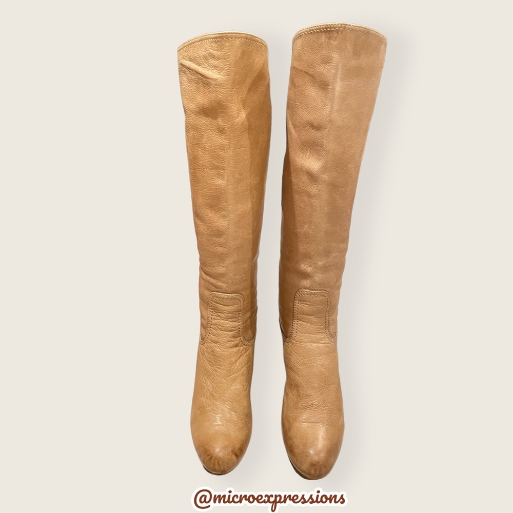 $399 Frye Miranda Back Zip Tan Distressed Heeled Fold Over Knee High Tall Boot - Picture 4 of 12